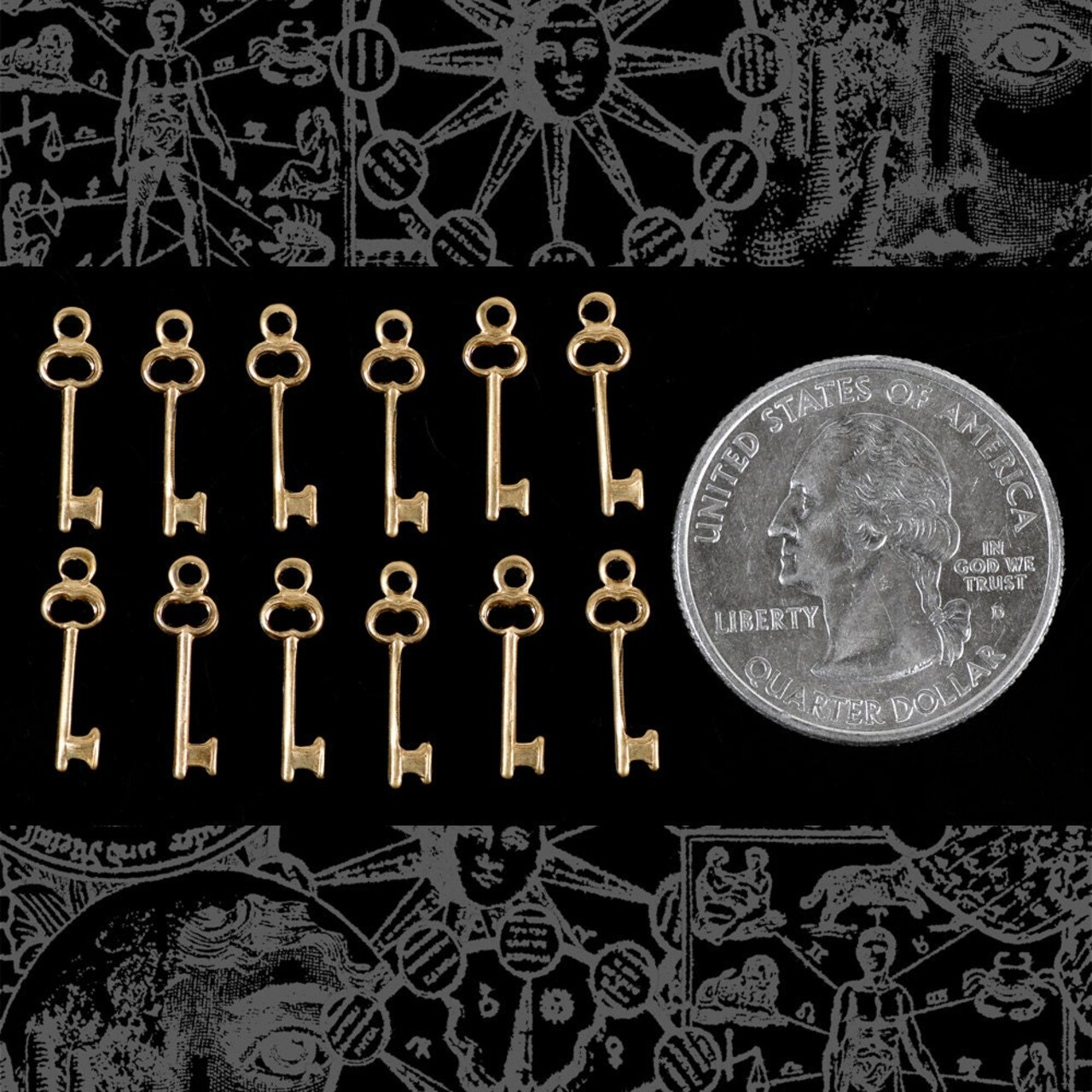 Raw Brass Mini Key Charms Itty Bitty Teeny Weeny Brass Keys - Set of Twelve - B-C129